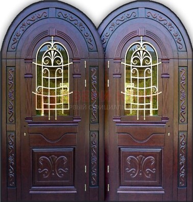 Индивидуальная арочная дверь со стеклом и ковкой ДА-19 в Солнечногорске