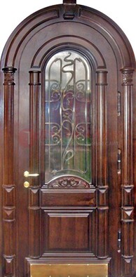 Арочная металлическая дверь массив со стеклом и ковкой ДА-50 в Голицино