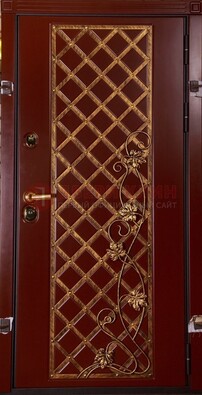 Бордовая металлическая дверь с ковкой ДК-10 для квартиры в Голицино