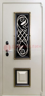 Белая стальная дверь с ковкой со стеклопакетом и МДФ ДК-30 в Голицино