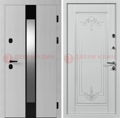 Белая металлическая дверь МДФ с зеркальной вставкой ДМ-324 в Голицино