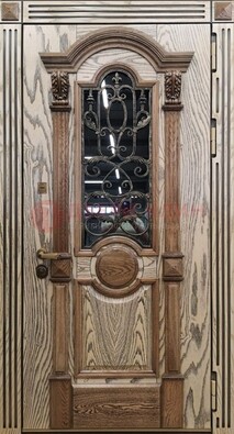 Железная дверь с массивом дуба со стеклом и ковкой ДМД-47 в Голицино