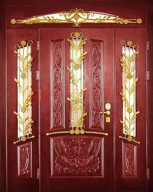 Бордовая железная парадная дверь со стеклом и ковкой ДПР-75 в Голицино