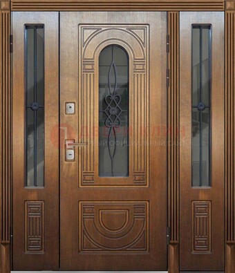 Коричневая стальная парадная дверь с фрамугой ДПР-84 в Голицино