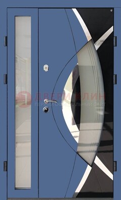 Синяя металлическая дверь со стеклом и узором ДС-13 в Голицино