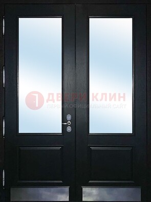 Черная двухстворчатая металлическая дверь со стеклом ДС-25 в Голицино