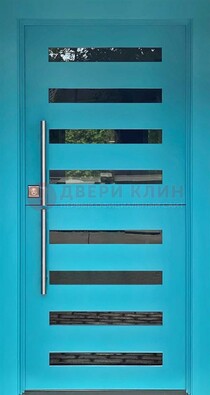Голубая уличная дверь с МДФ панелью и стеклом ДС-51 в Голицино