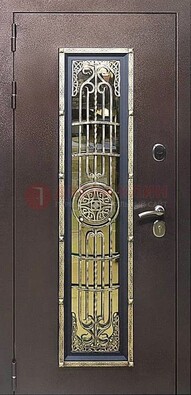 Железная дверь цвета медный антик со стеклом и ковкой ДСК-105 в Голицино