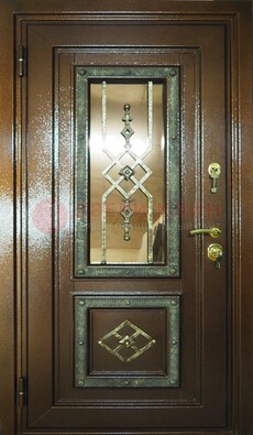 Теплая входная дверь со стеклом и ковкой разноцветной ДСК-13 в Голицино