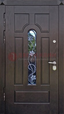 Металлическая дверь со стеклом и ковкой в цвете венге ДСК-142 в Омске