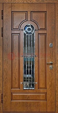 Коричневая стальная дверь со стеклом и ковкой для кирпичного дома ДСК-146 в Голицино