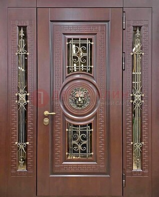 Коричневая стальная дверь со стеклом и ковкой ДСК-147 с фрамугами в Голицино