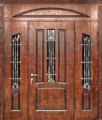 Стальная дверь со стеклом и ковкой с фрамугами ДСК-149 коричневая в Голицино