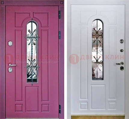 Розовая металлическая дверь со стеклом и ковкой ДСК-151 в Голицино