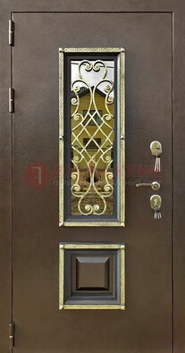 Входная дверь порошок со стеклом и ковкой для коттеджа ДСК-166 в Голицино