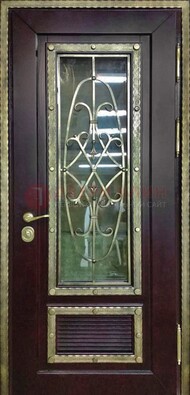 Темная уличная дверь порошок со стеклом и ковкой ДСК-167 в Голицино