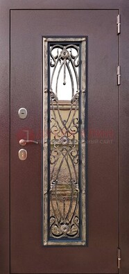 Коричневая стальная дверь порошок со стеклом и ковкой для дома ДСК-169 в Электростали