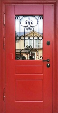 Красная железная дверь Винорит со стеклом и ковкой ДСК-205 в Голицино