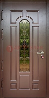 Металлическая коричневая дверь Винорит со стеклом и ковкой ДСК-210 в Голицино