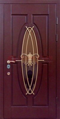 Бордовая стальная дверь Винорит со стеклом и ковкой ДСК-263 в Голицино