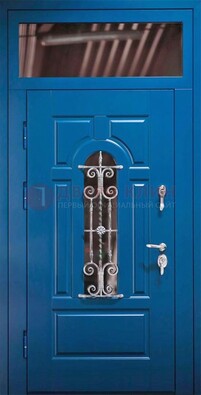 Синяя железная филенчатая дверь со стеклом и ковкой ДСК-97 в Голицино