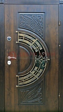 Металлическая филенчатая дверь с виноритом и стеклом ДВТ-144 в Голицино