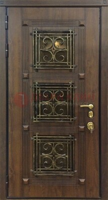 Коричневая металлическая дверь с виноритом и ковкой ДВТ-199 в Голицино