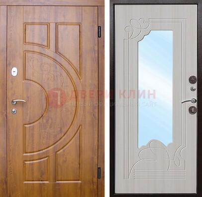 Коричневая металлическая дверь c МДФ с узором и зеркалом ДЗ-105 в Голицино