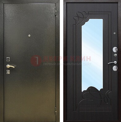 Железная темная дверь c порошковым напылением и МДФ с узором и зеркалом ДЗ-111 в Голицино