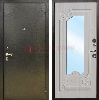 Входная темно-серая дверь c порошковым покрытием и МДФ с резьбой и зеркалом ДЗ-113 в Голицино
