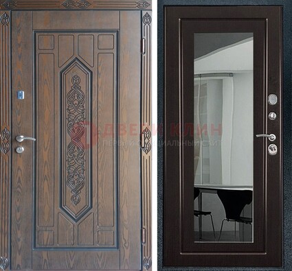 Уличная коричневая дверь c виноритом и МДФ Венге с зеркалом ДЗ-116 в Голицино