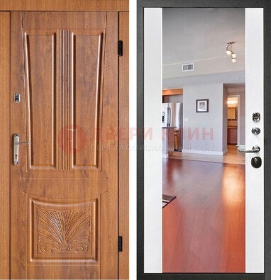 Входная коричневая дверь терморазрыв c виноритом и белая МДФ c зеркалом ДЗ-123 в Голицино
