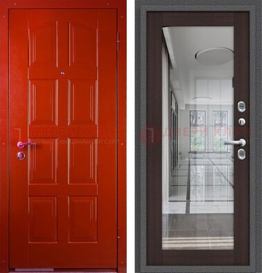 Красная металлическая дверь с МДФ и зеркалом ДЗ-136 в Голицино
