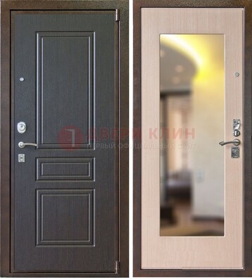 Коричневая стальная дверь с зеркалом МДФ внутри ДЗ-27 в Голицино