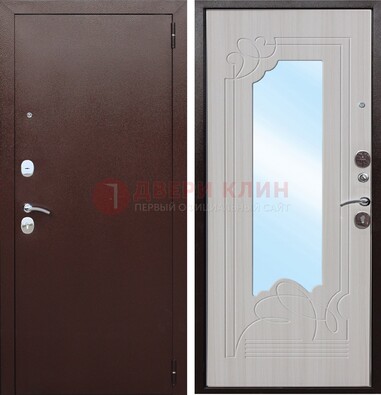 Коричневая металлическая дверь с зеркалом МДФ внутри ДЗ-33 в Голицино