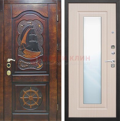 Темная уличная дверь с резьбой и зеркалом внутри ДЗ-49 в Голицино