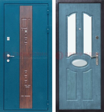 Голубая металлическая дверь МДФ с тремя зеркальными вставками ДЗ-78 в Голицино