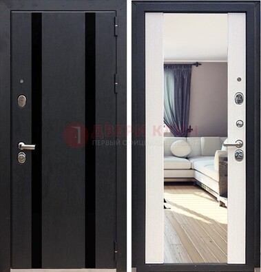 Черная входная дверь с зеркалом МДФ внутри ДЗ-9 в Голицино