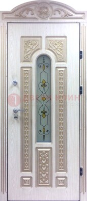 Белая железная дверь с МДФ и витражом ВЖ-26 в Голицино
