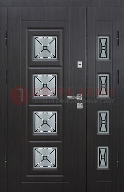 Чёрная двухстворчатая железная дверь с МДФ и витражом ВЖ-35 в Голицино