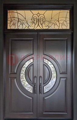 Чёрная двухстворчатая железная дверь с МДФ и витражом ВЖ-38 в Голицино