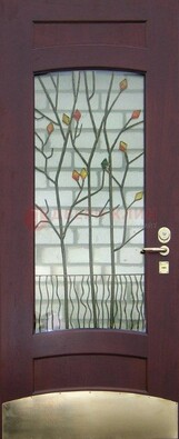 Бордовая стальная дверь с витражом и декоративным элементом ВЖ-3 в Тамбове